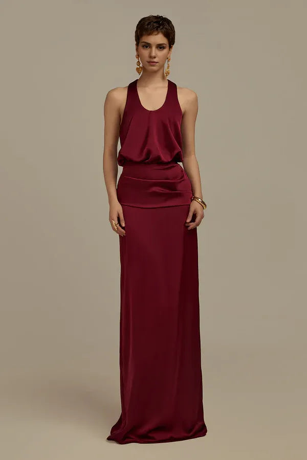 Dress Blouson Scoop Neck Floor Length Dress Maxi Dress Sleeveless Sexy Open Back Prom Dress
