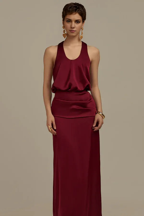 Dress Blouson Scoop Neck Floor Length Dress Maxi Dress Sleeveless Sexy Open Back Prom Dress