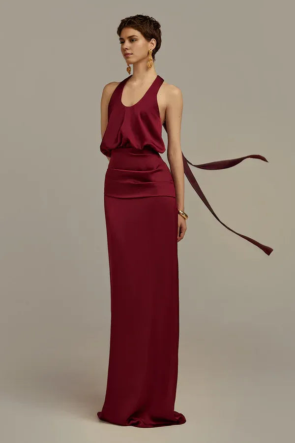 Dress Blouson Scoop Neck Floor Length Dress Maxi Dress Sleeveless Sexy Open Back Prom Dress