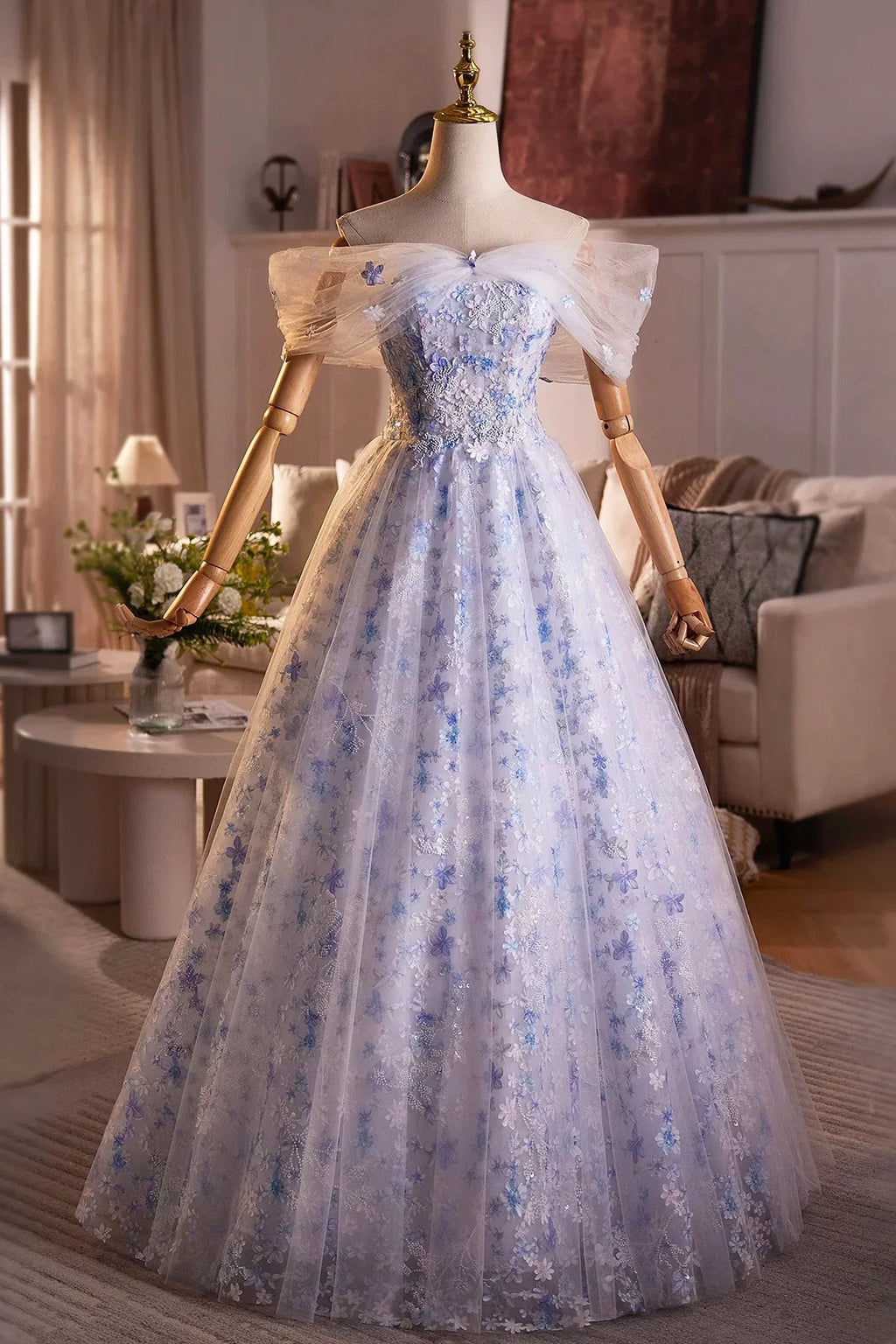 Blue Dress Flower Fairy Long Evening Dress Beautiful Off the Shoulder Lace-Up Prom Dress