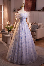 Blue Dress Flower Fairy Long Evening Dress Beautiful Off the Shoulder Lace-Up Prom Dress