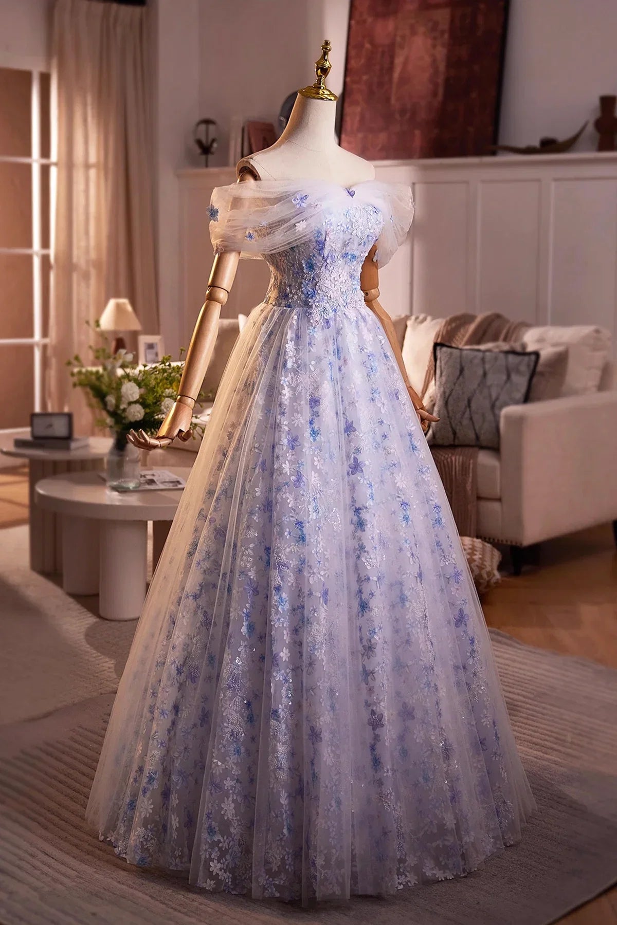 Blue Dress Flower Fairy Long Evening Dress Beautiful Off the Shoulder Lace-Up Prom Dress