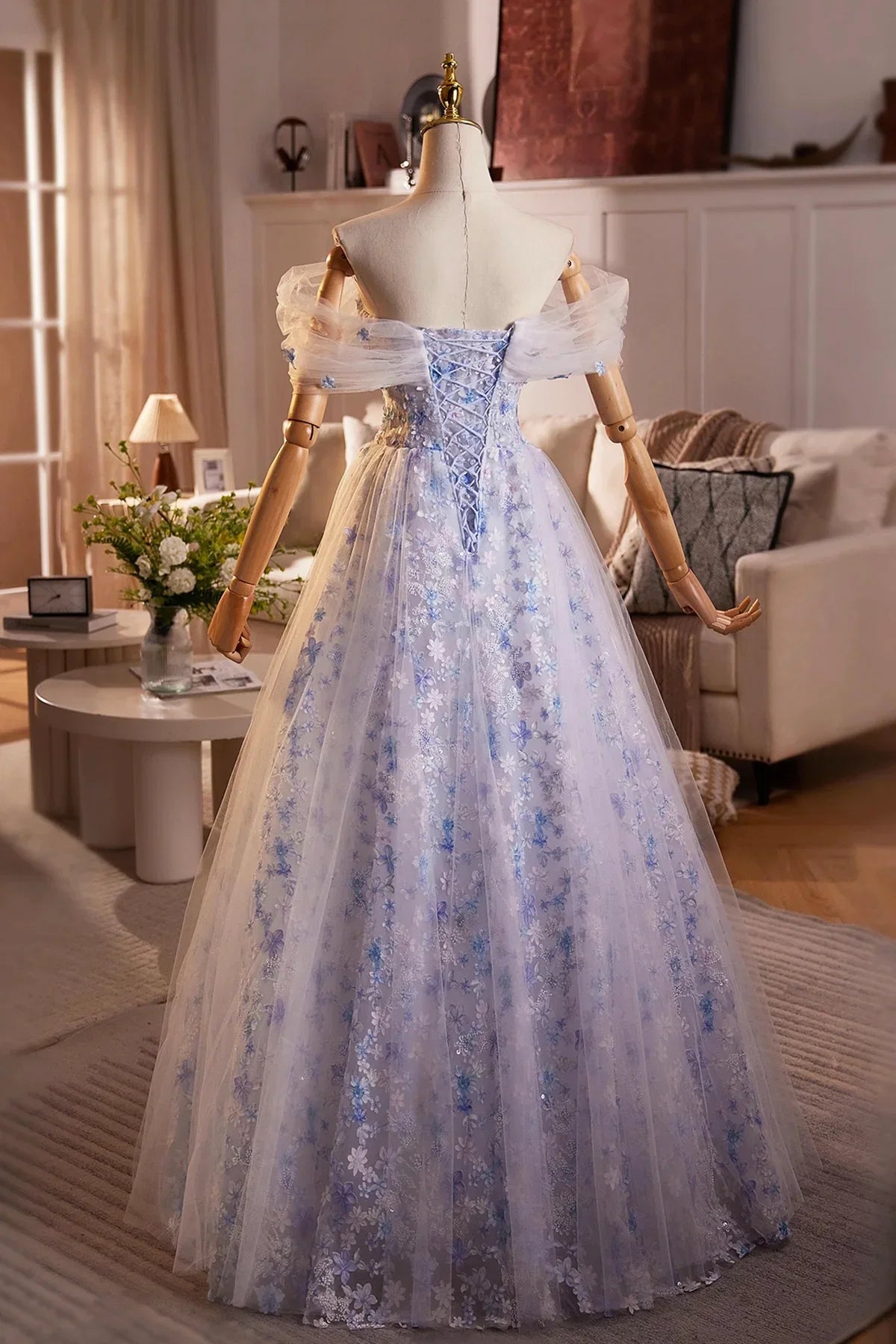 Blue Dress Flower Fairy Long Evening Dress Beautiful Off the Shoulder Lace-Up Prom Dress