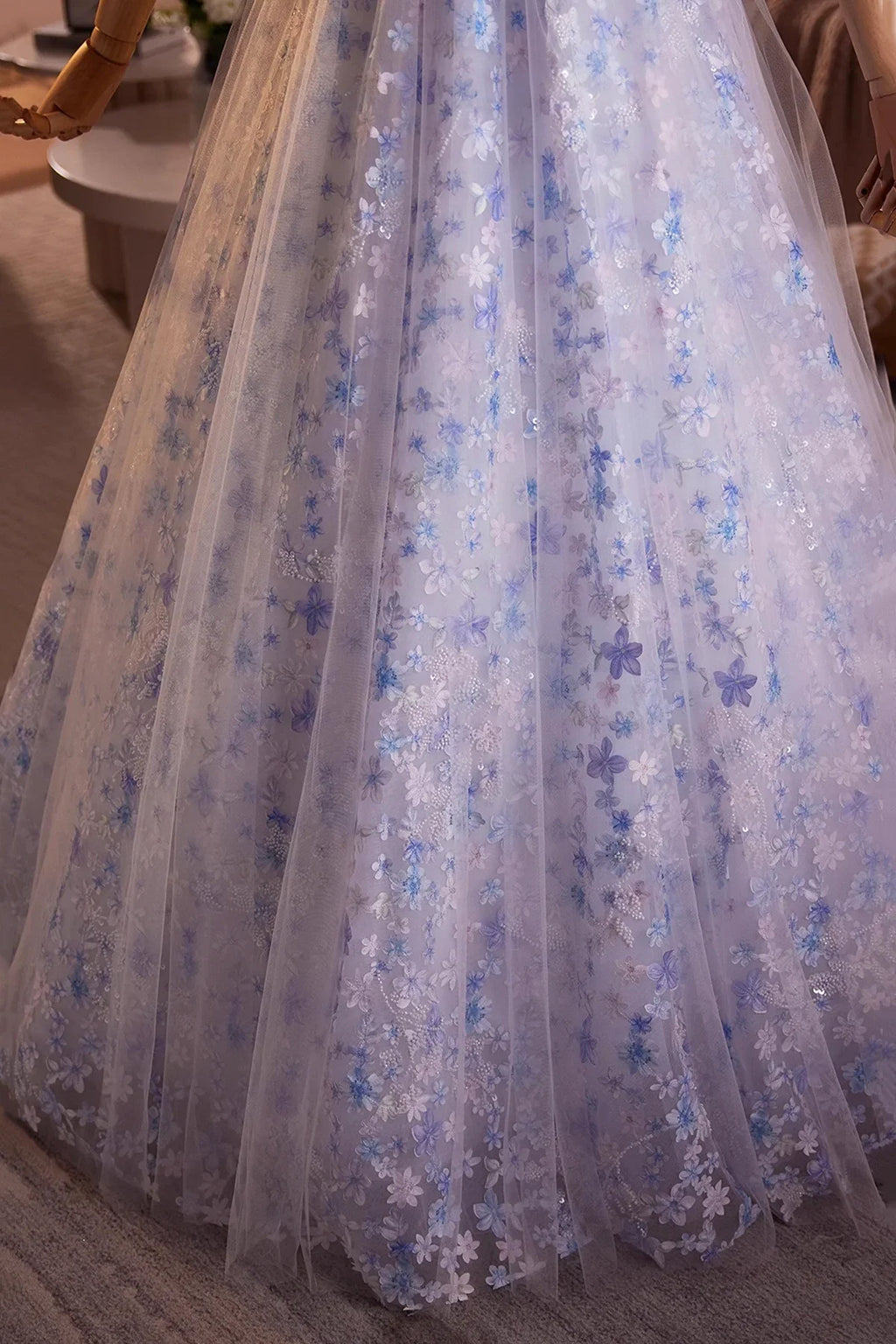 Blue Dress Flower Fairy Long Evening Dress Beautiful Off the Shoulder Lace-Up Prom Dress