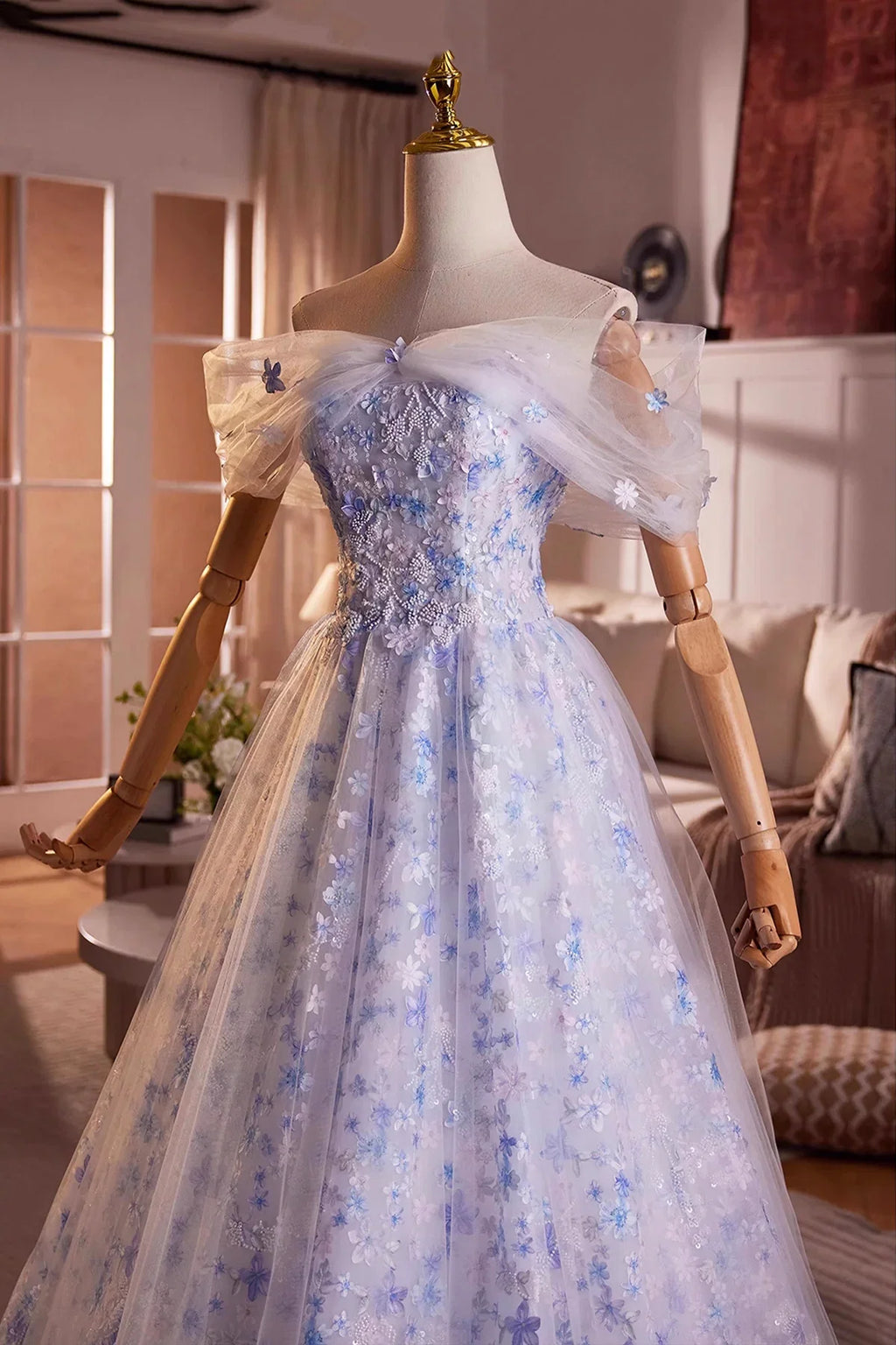 Blue Dress Flower Fairy Long Evening Dress Beautiful Off the Shoulder Lace-Up Prom Dress