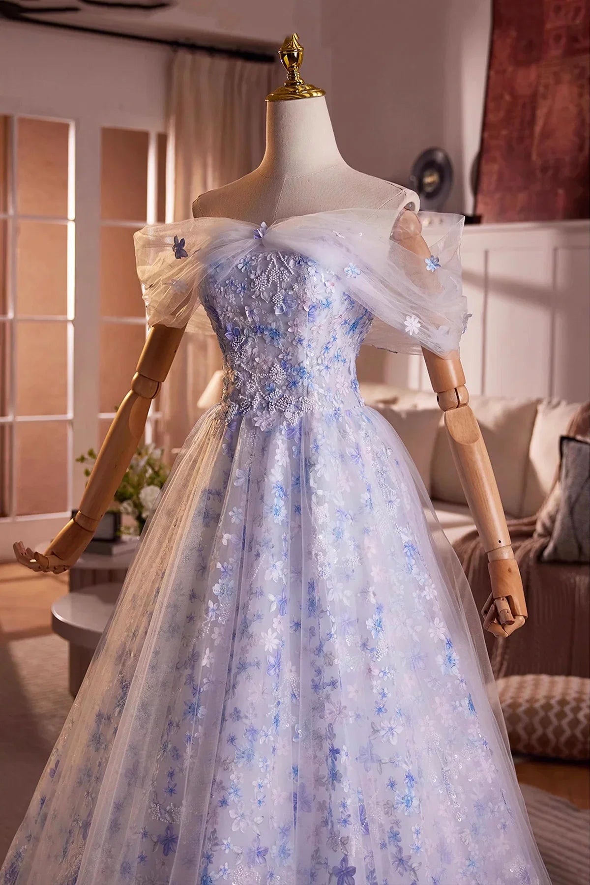 Blue Dress Flower Fairy Long Evening Dress Beautiful Off the Shoulder Lace-Up Prom Dress