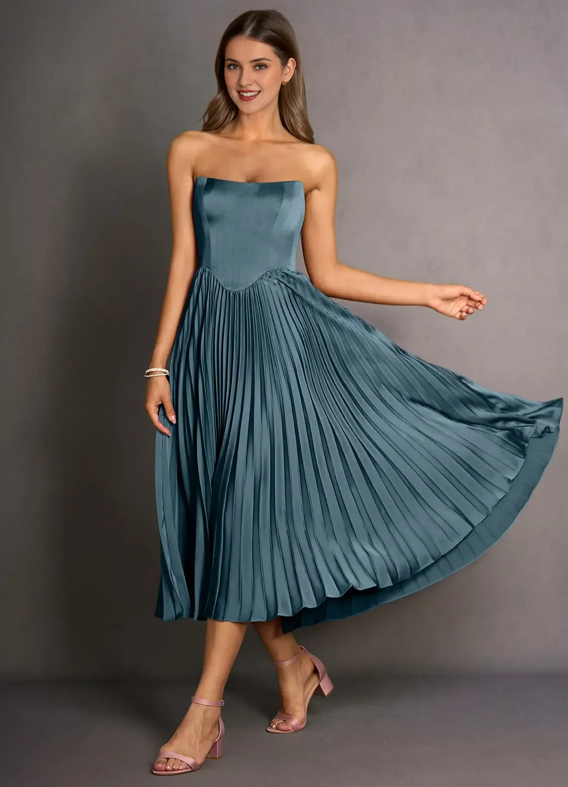 Navy Dress Strapless Simple Pleats Maxi Dress Sleeveless Solid Color Up Tea-Length Backless Prom Dress