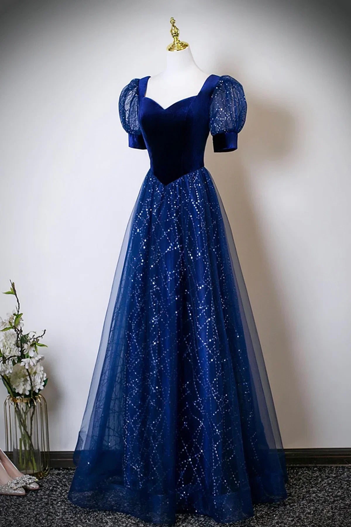 Blue Dress and Sequins Long Prom Dress Blue Evening Lace-up Party Dress