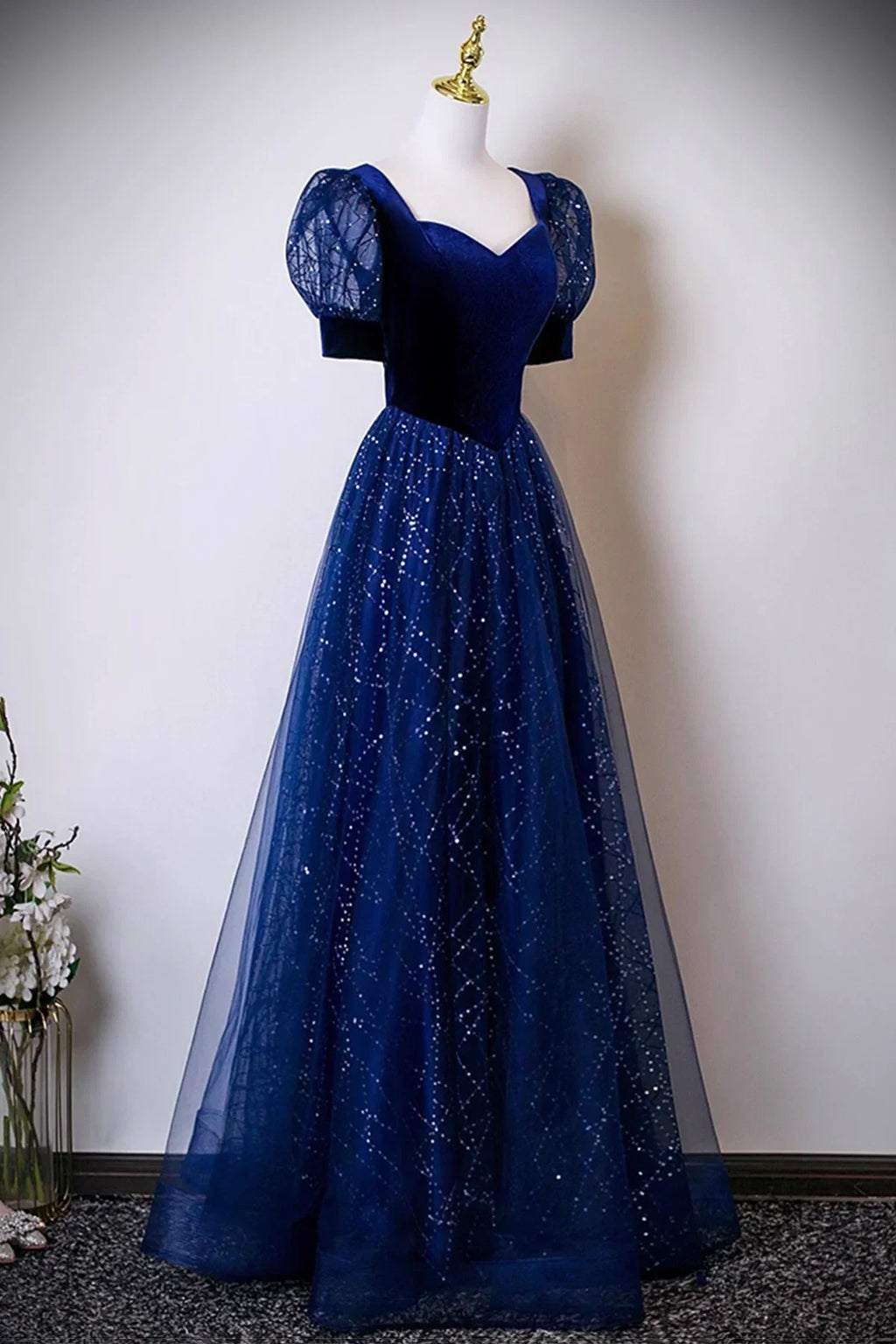Blue Dress and Sequins Long Prom Dress Blue Evening Lace-up Party Dress