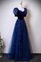 Blue Dress and Sequins Long Prom Dress Blue Evening Lace-up Party Dress