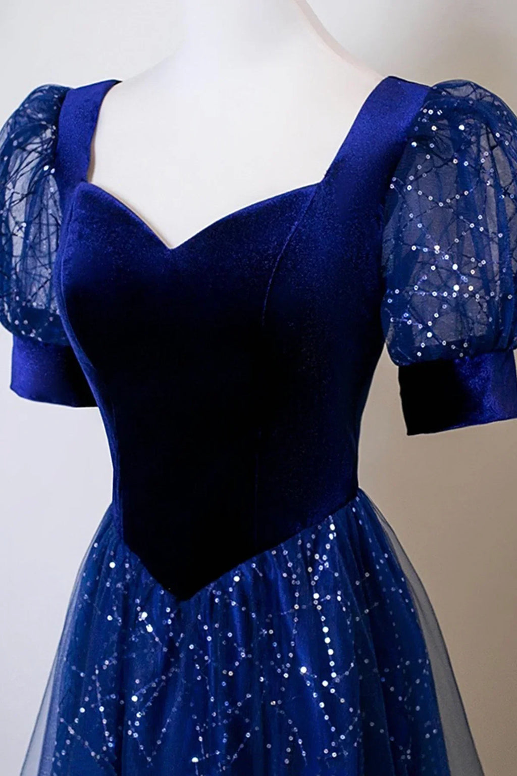 Blue Dress and Sequins Long Prom Dress Blue Evening Lace-up Party Dress