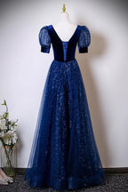 Blue Dress and Sequins Long Prom Dress Blue Evening Lace-up Party Dress