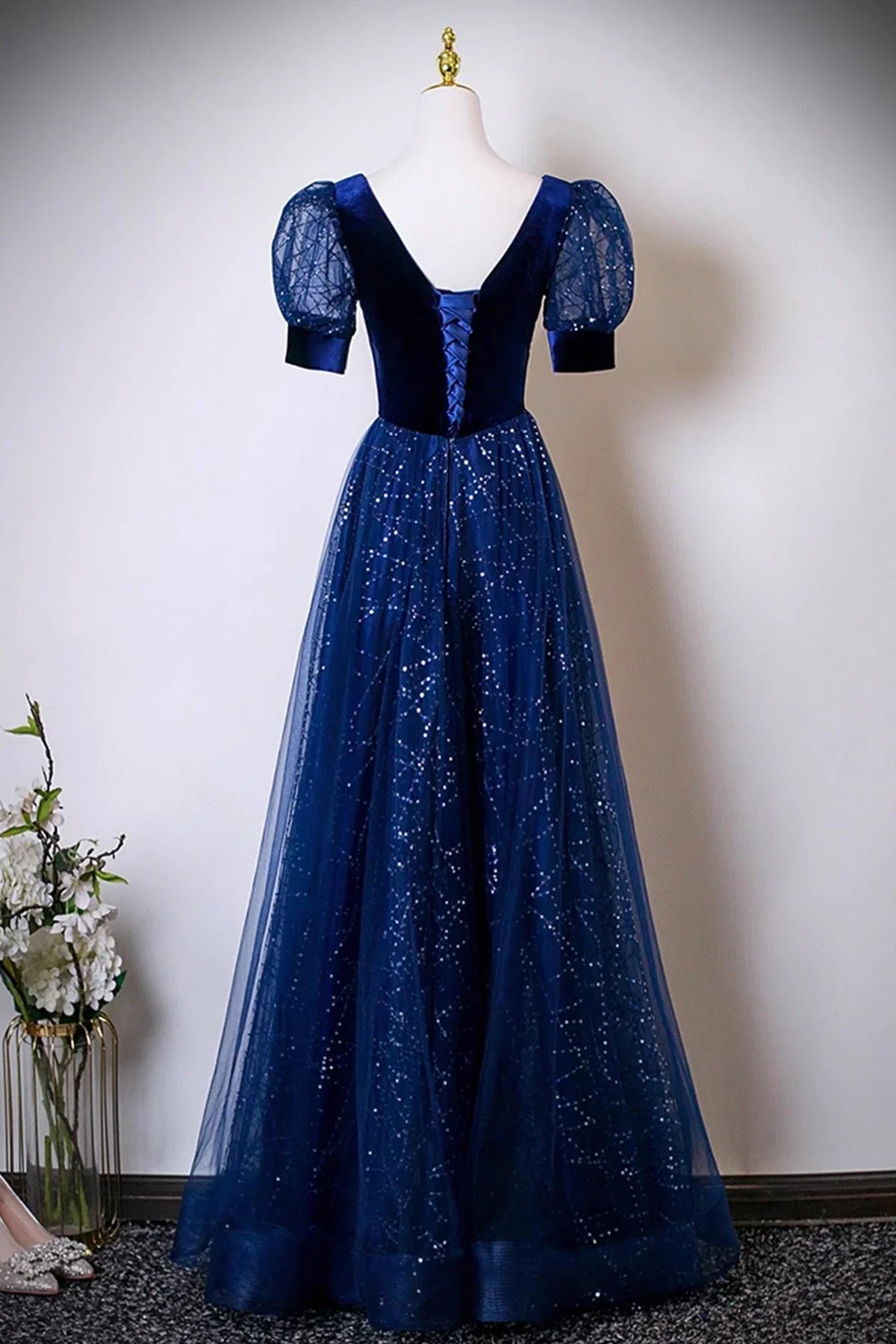 Blue Dress and Sequins Long Prom Dress Blue Evening Lace-up Party Dress