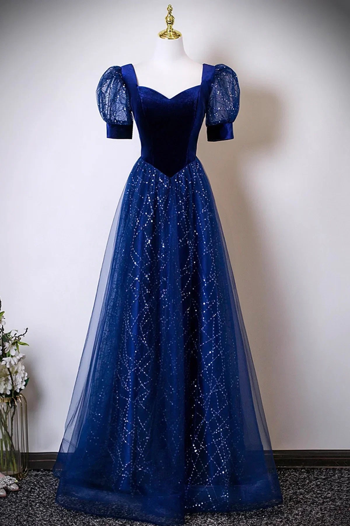Blue Dress and Sequins Long Prom Dress Blue Evening Lace-up Party Dress
