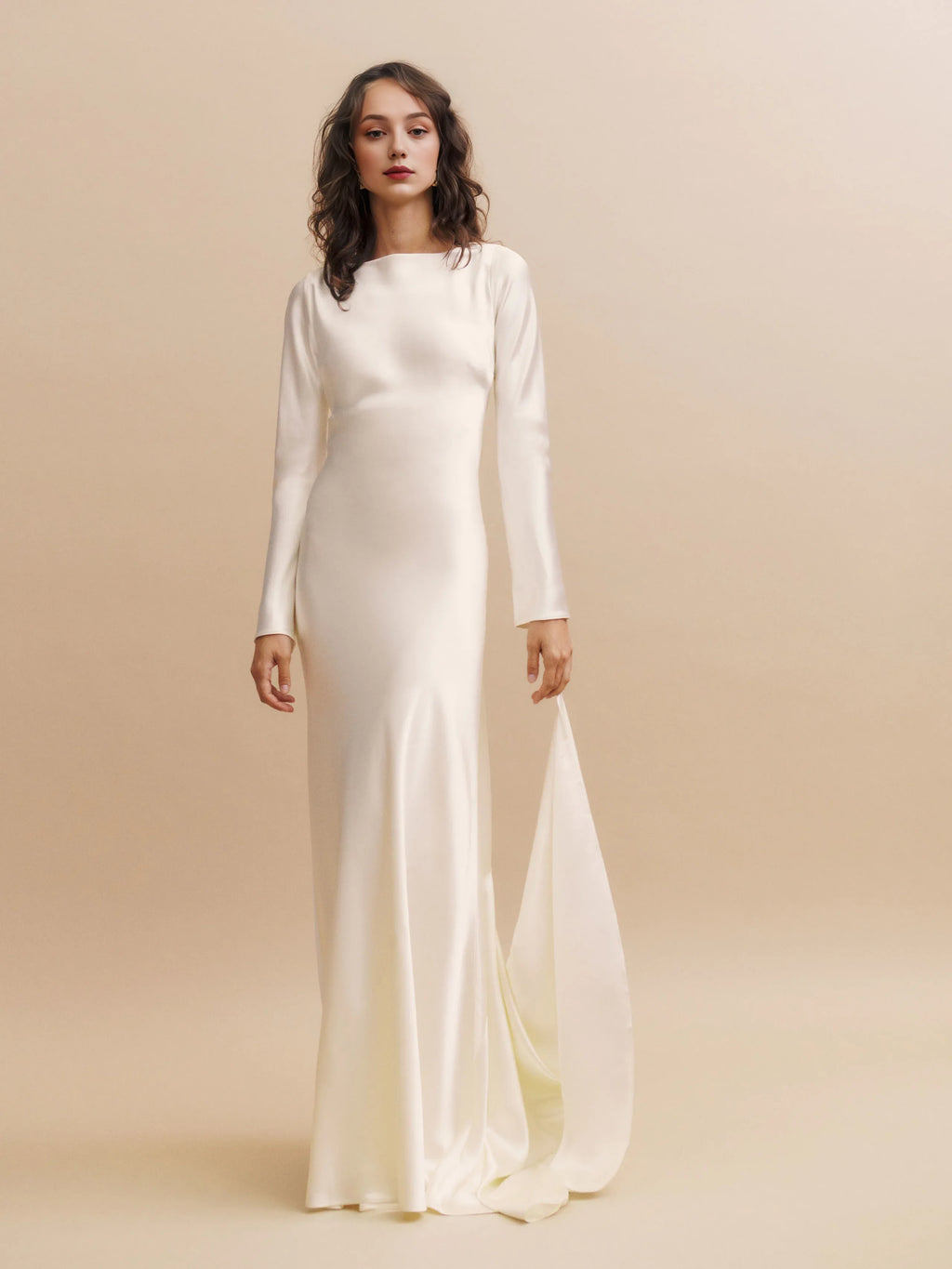 Dress Boat Neck Long Sleeve Mermaid Wedding Dress Minimalist Sweep&Brush Train Backless Bride Dress