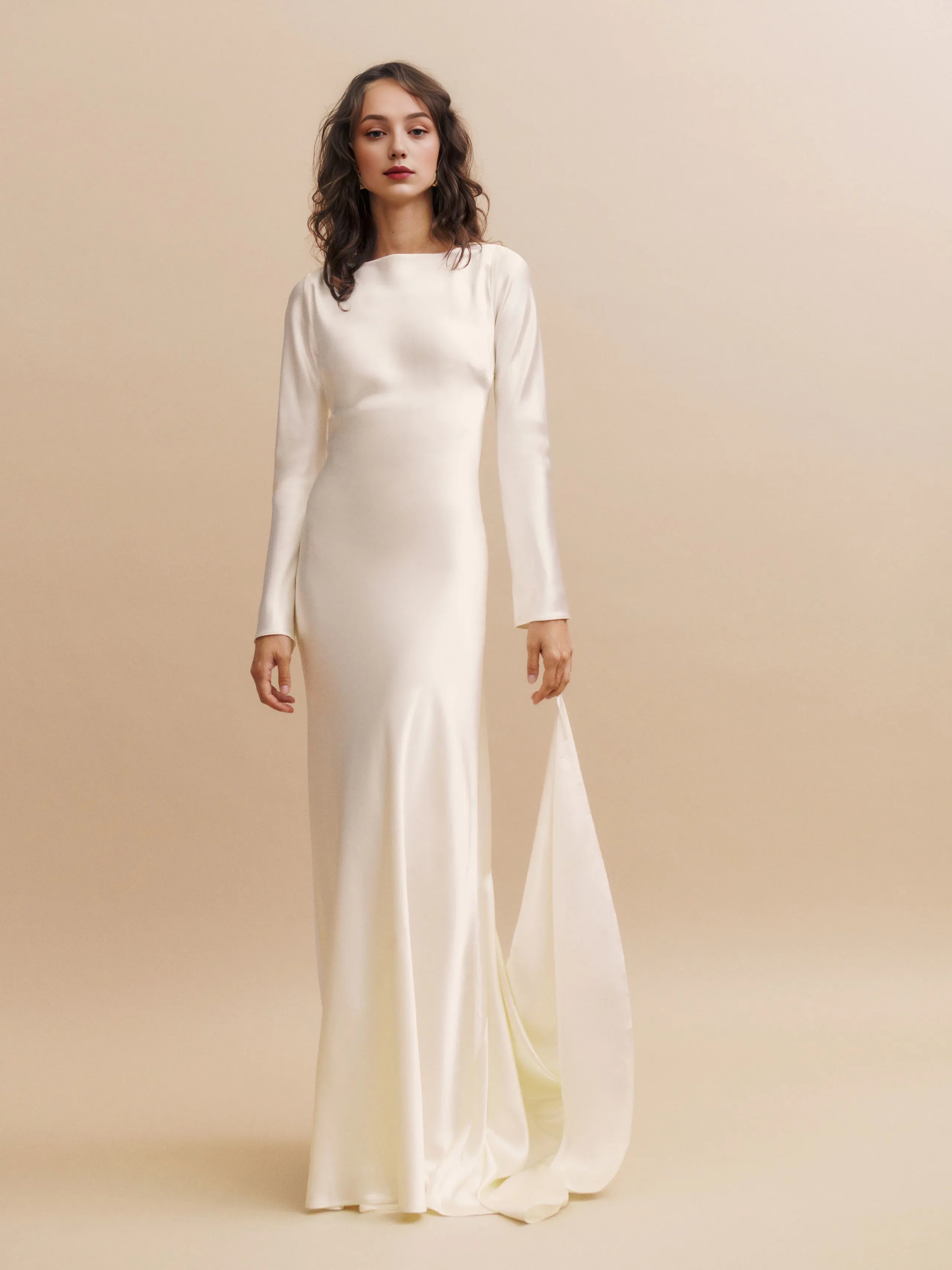 Dress Boat Neck Long Sleeve Mermaid Wedding Dress Minimalist Sweep&Brush Train Backless Bride Dress