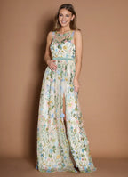 Dress Boat Neck Romantic Flower Embroidery Maxi Dress Sleeveless Princess Slit V Back Mermaid Prom Dress