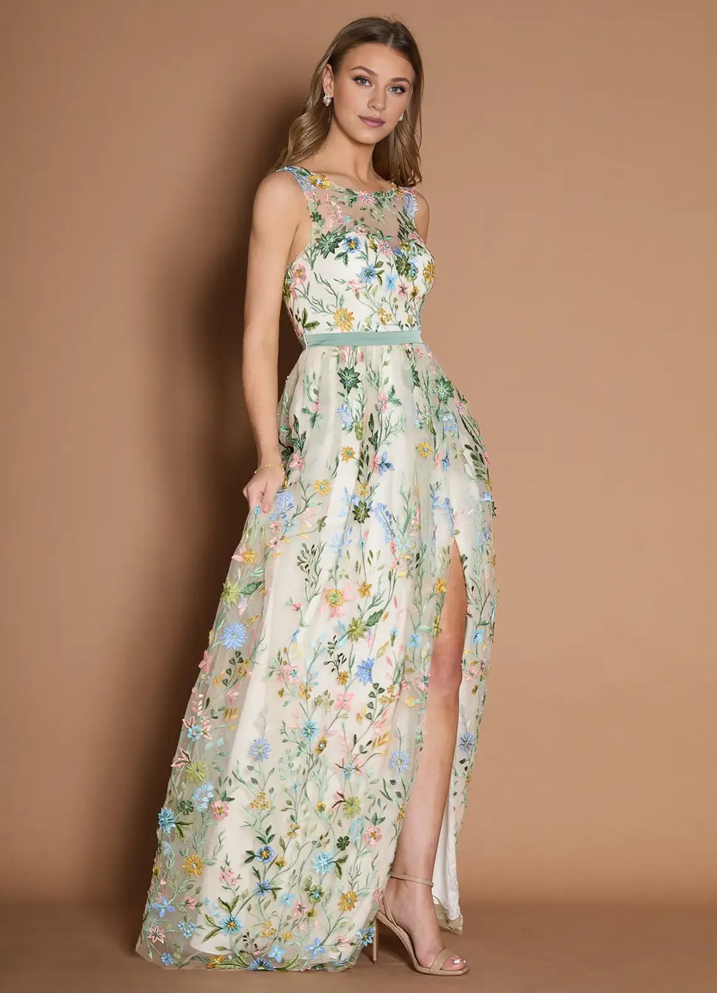 Dress Boat Neck Romantic Flower Embroidery Maxi Dress Sleeveless Princess Slit V Back Mermaid Prom Dress