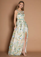 Dress Boat Neck Romantic Flower Embroidery Maxi Dress Sleeveless Princess Slit V Back Mermaid Prom Dress
