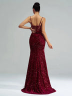 Burgundy Dress Spaghetti Straps Mermaid Evening Gown Sexy Sheer And Sequins Prom Dress
