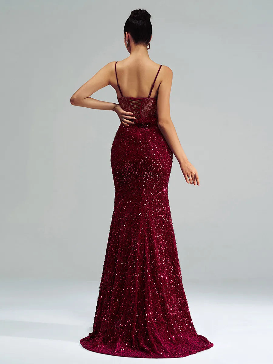 Burgundy Dress Spaghetti Straps Mermaid Evening Gown Sexy Sheer And Sequins Prom Dress