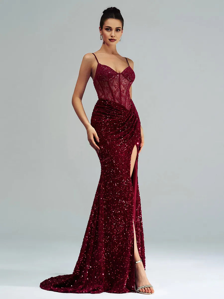 Burgundy Dress Spaghetti Straps Mermaid Evening Gown Sexy Sheer And Sequins Prom Dress