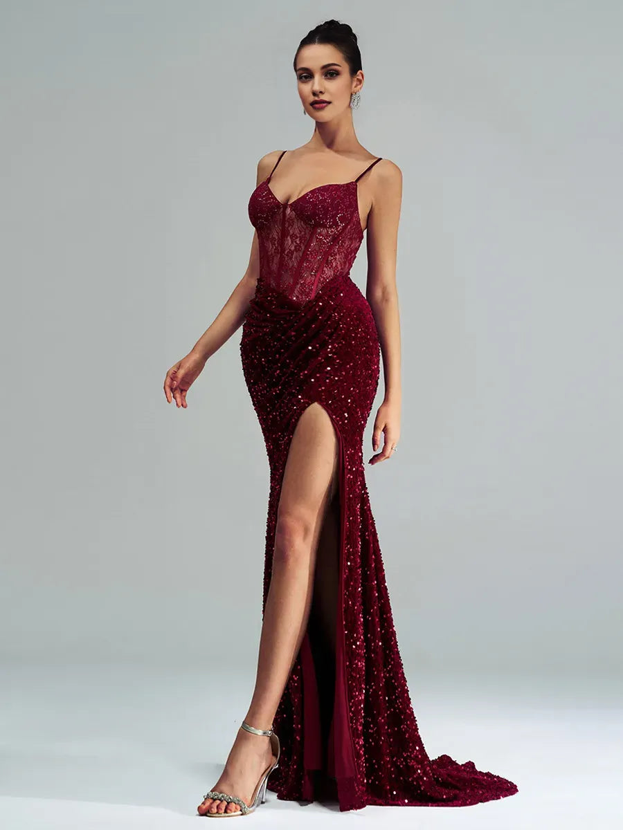 Burgundy Dress Spaghetti Straps Mermaid Evening Gown Sexy Sheer And Sequins Prom Dress