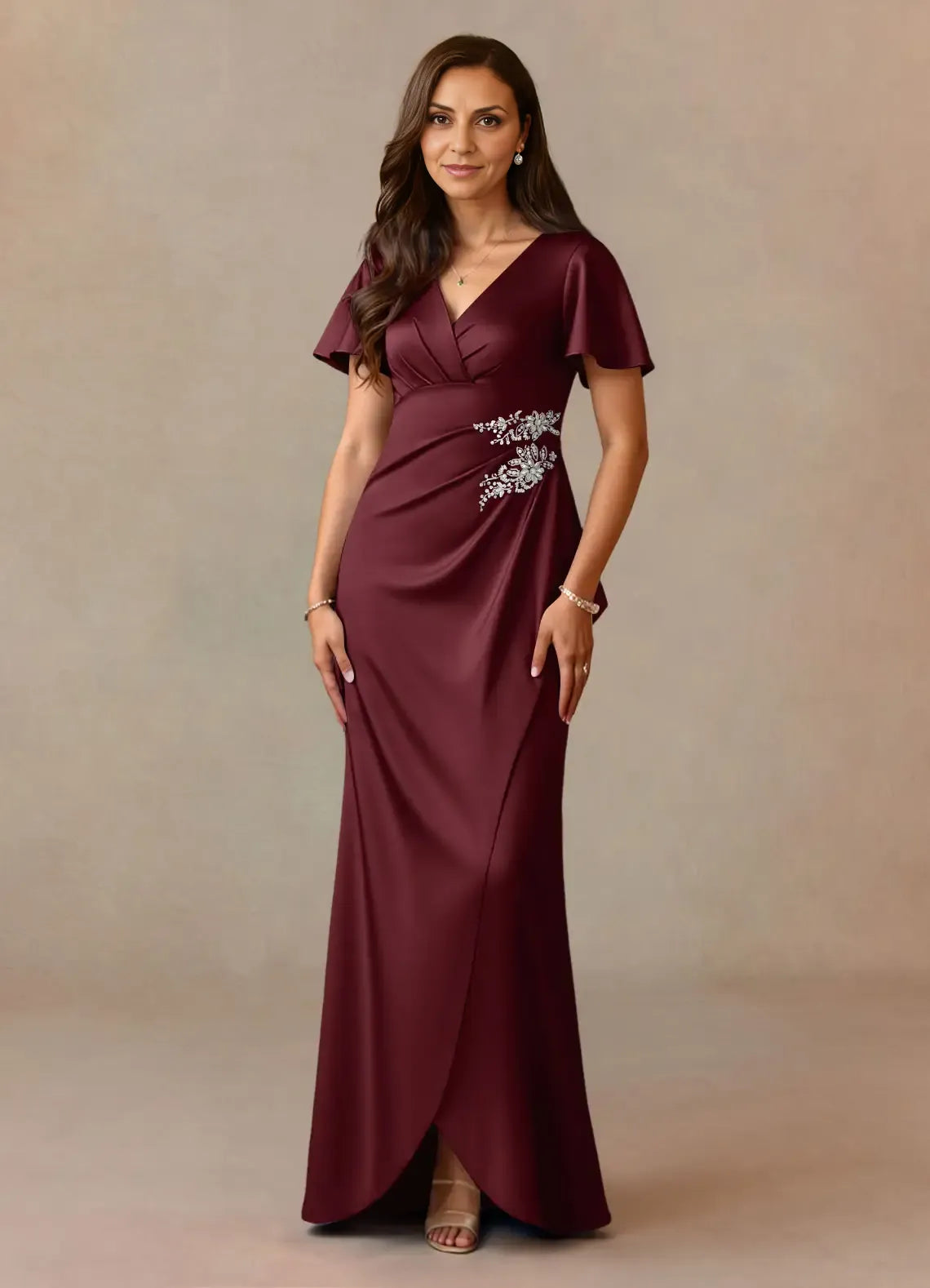 Dress Dusty Rose A-Line Pleated Dress V-Neck Flutter Sleeve Beaded Floor-Length Mother of the Bride Dress