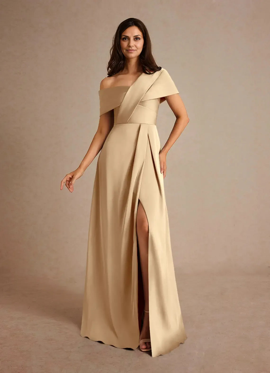Dress Champagne A-Line Pleated Maxi Dress Elegant Off the Shoulder Slit Mother of the Bride Dress