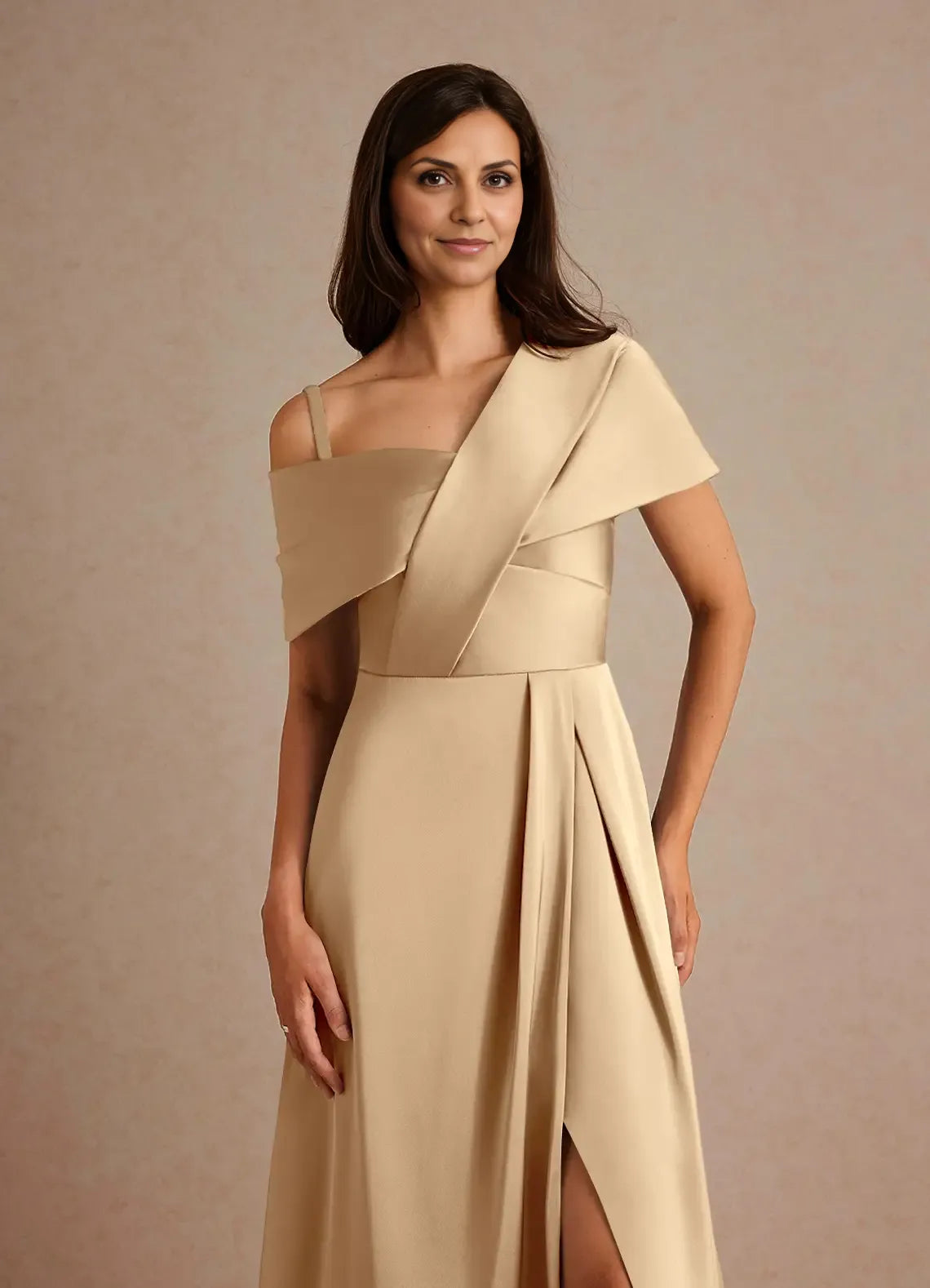Dress Champagne A-Line Pleated Maxi Dress Elegant Off the Shoulder Slit Mother of the Bride Dress