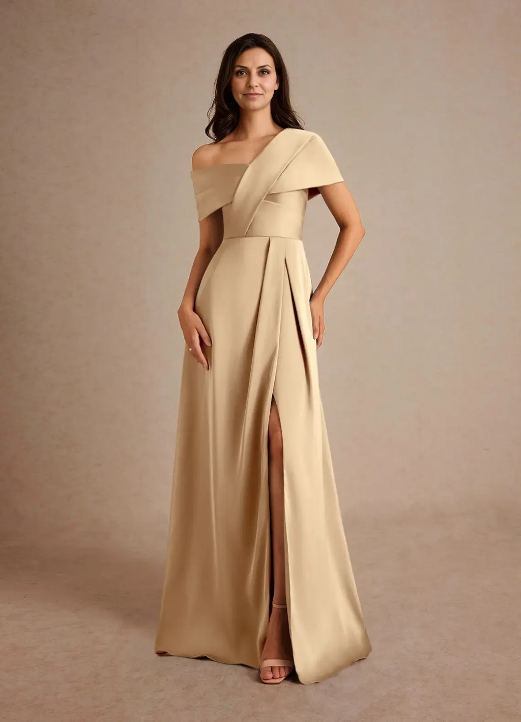 Dress Champagne A-Line Pleated Maxi Dress Elegant Off the Shoulder Slit Mother of the Bride Dress