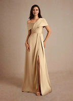 Dress Champagne A-Line Pleated Maxi Dress Elegant Off the Shoulder Slit Mother of the Bride Dress
