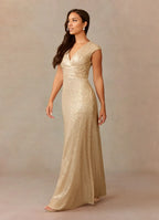 Dress Champagne A-Line V-Neck Ruched Sequins Mother Of The Bride Dresses Cap Sleeves Back Zip Ruffle Evening Dress