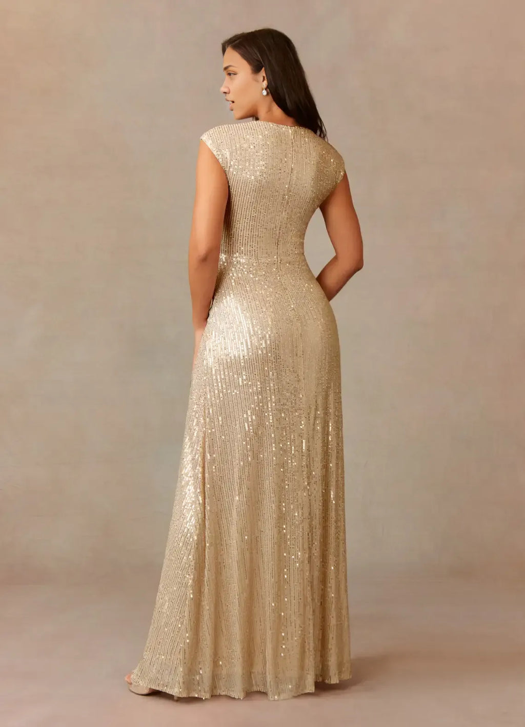 Dress Champagne A-Line V-Neck Ruched Sequins Mother Of The Bride Dresses Cap Sleeves Back Zip Ruffle Evening Dress