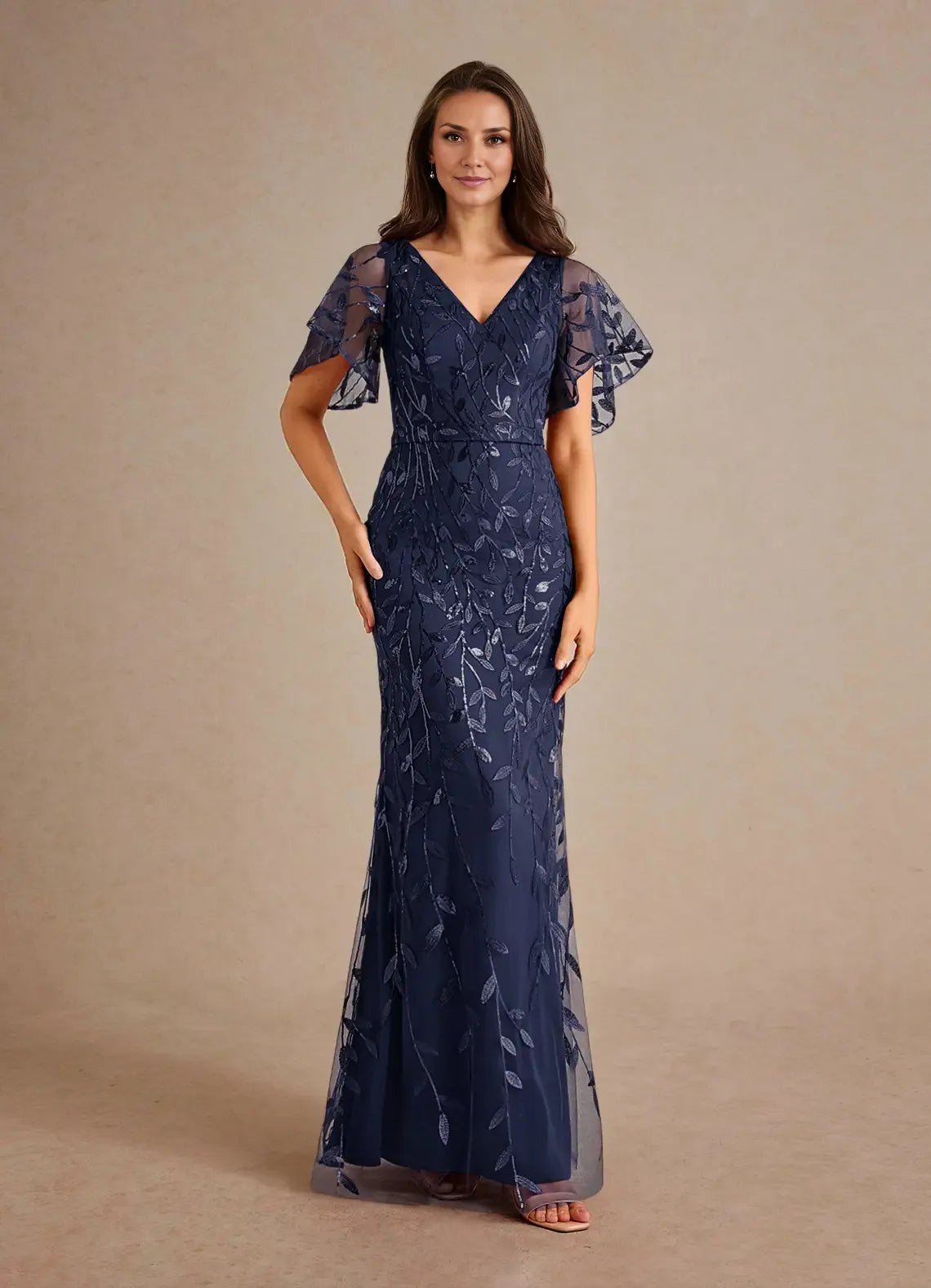 Dress Champagne Sheath Sequins Mother of the Groom Dresses Elegant V-Neck Flutter Sleeves Evening Dress