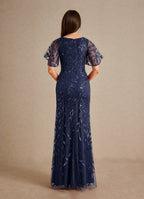 Dress Champagne Sheath Sequins Mother of the Groom Dresses Elegant V-Neck Flutter Sleeves Evening Dress