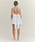 White Dress Charming Bow Back Pleated Dress Mini Dress A-Line Sleeveless Homecoming Dress