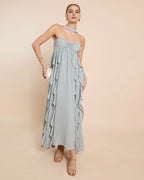 Dress Chic A-Line Floor-Length Sleeveless Party Dresses Halter Neck Solid Color Open Back Ruffles Evening Dress