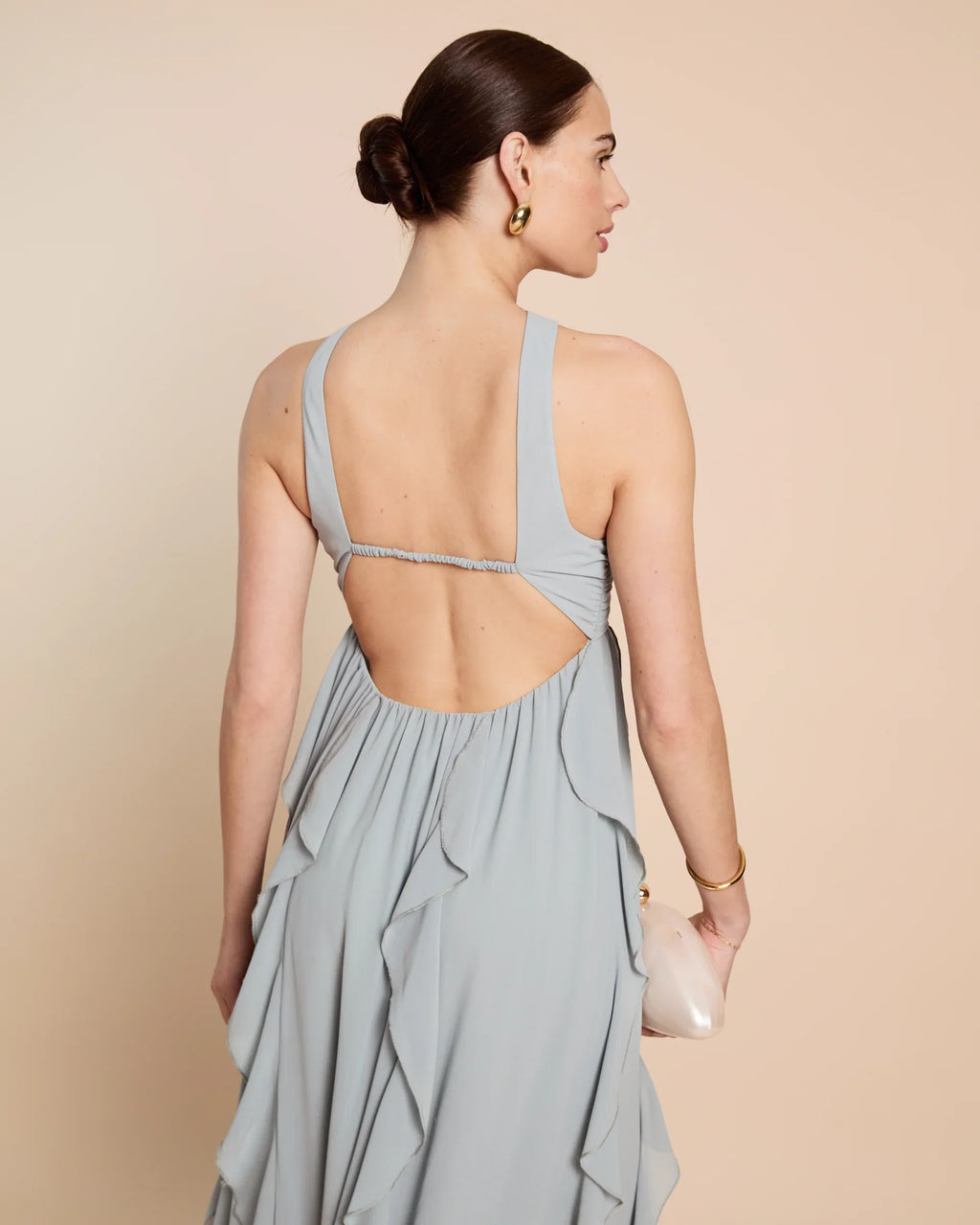 Dress Chic A-Line Floor-Length Sleeveless Party Dresses Halter Neck Solid Color Open Back Ruffles Evening Dress