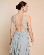Dress Chic A-Line Floor-Length Sleeveless Party Dresses Halter Neck Solid Color Open Back Ruffles Evening Dress
