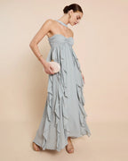 Dress Chic A-Line Floor-Length Sleeveless Party Dresses Halter Neck Solid Color Open Back Ruffles Evening Dress