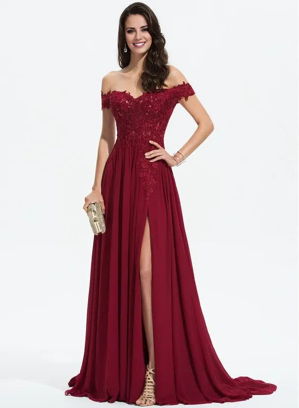 Dress Classic A-line Off the Shoulder Sweep Train Prom Dresses With Sequins Backless Sleeveless Maxi Dress