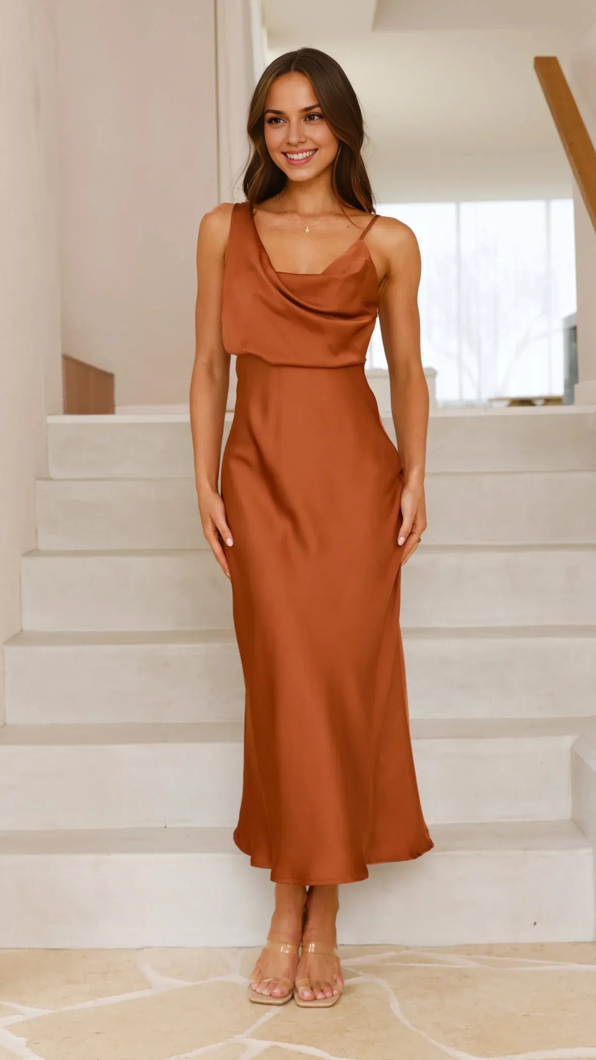 Dress Classic Cowl Neck Maxi Dress Champagne Mermaid Sleeveless Solid Color Sheath Open Back Prom Dress