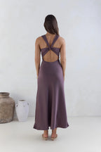 Purple Dress Classic Twist Neck Prom Dresses With Open Crisscross Back Sleeveless Maxi Dress