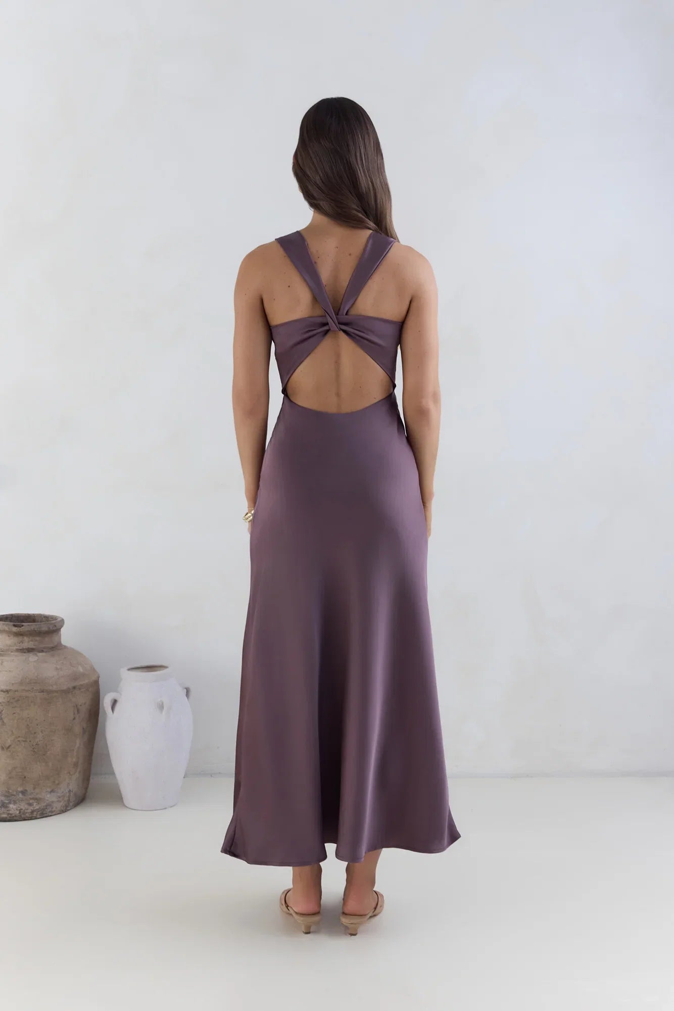 Purple Dress Classic Twist Neck Prom Dresses With Open Crisscross Back Sleeveless Maxi Dress