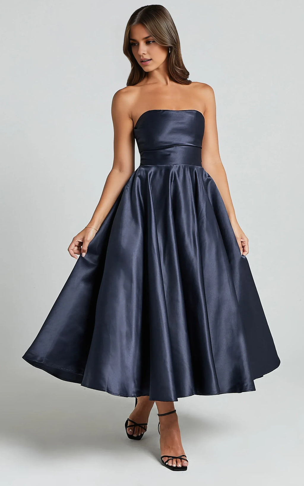 Navy Dress Classic Strapless A-Line Midi Dress Solid Color Sleeveless Backless Party Evening Dress