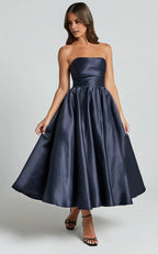 Navy Dress Classic Strapless A-Line Midi Dress Solid Color Sleeveless Backless Party Evening Dress