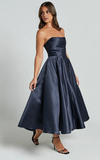 Navy Dress Classic Strapless A-Line Midi Dress Solid Color Sleeveless Backless Party Evening Dress