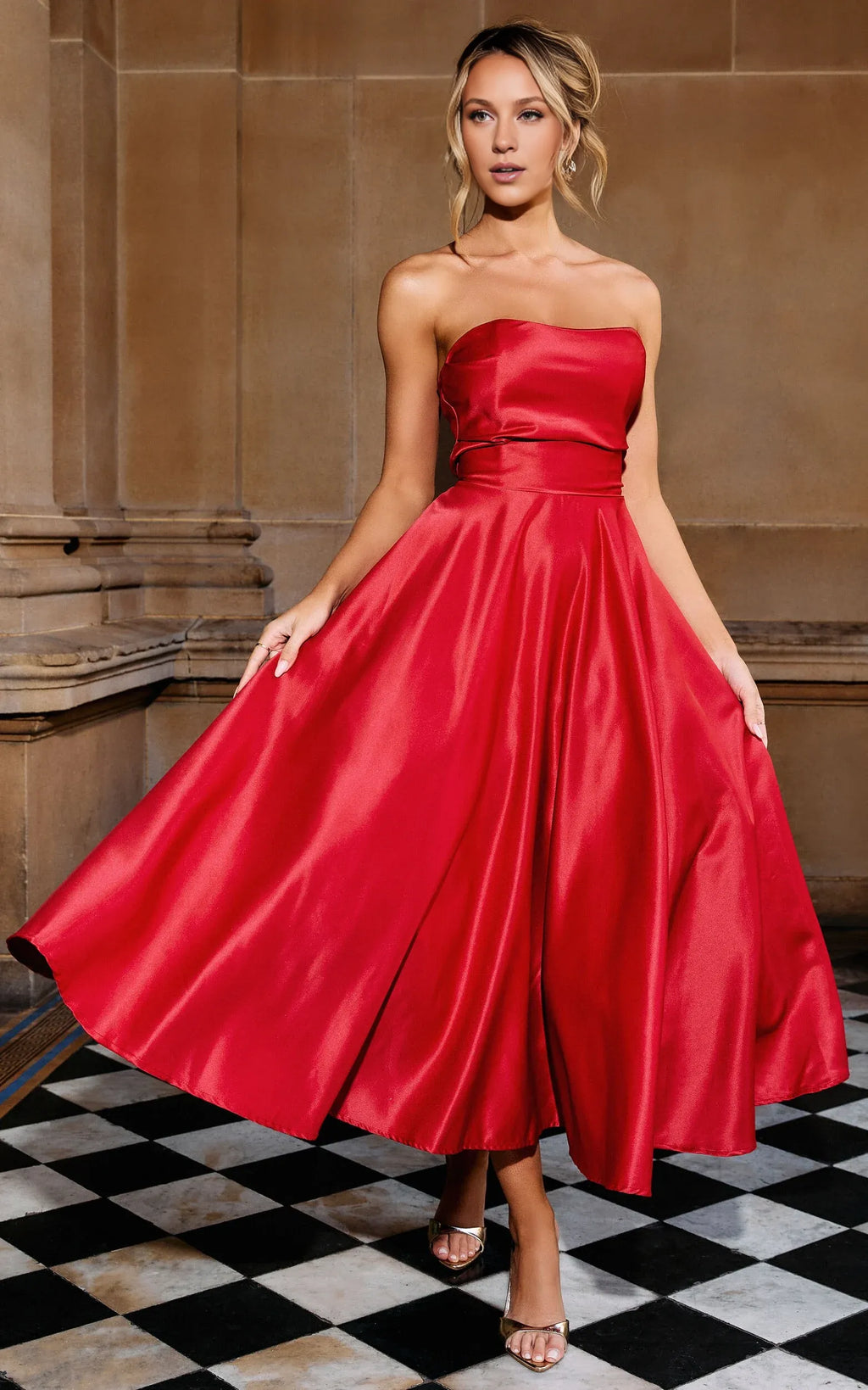 Navy Dress Classic Strapless A-Line Midi Dress Solid Color Sleeveless Backless Party Evening Dress