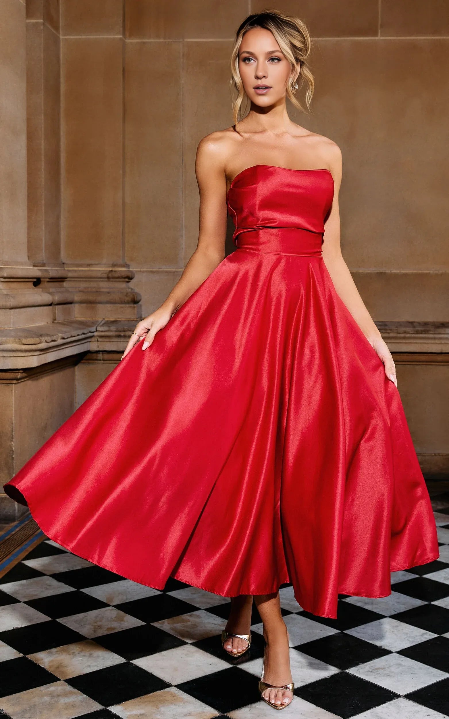 Navy Dress Classic Strapless A-Line Midi Dress Solid Color Sleeveless Backless Party Evening Dress